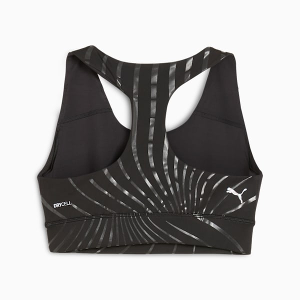 Black PUMA women's sports bra with a racerback and striped design.