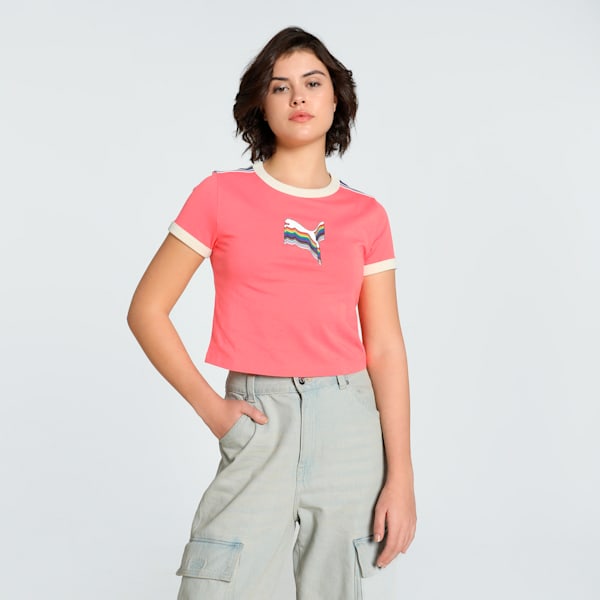 EQUAL LOVE CONFEDERATION Graphic Women's Slim Fit Crop Tee, Peach Frost, extralarge-IND