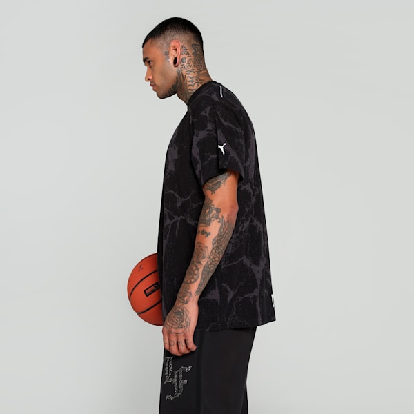 HOOPS x LAFRANCÉ Written in Chrome Marble Relaxed Fit Basketball Tee, PUMA Black-Flat Medium Gray AOP, extralarge-IND