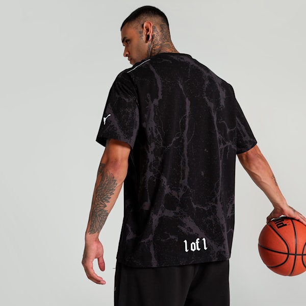 HOOPS x LAFRANCÉ Written in Chrome Marble Relaxed Fit Basketball Tee, PUMA Black-Flat Medium Gray AOP, extralarge-IND