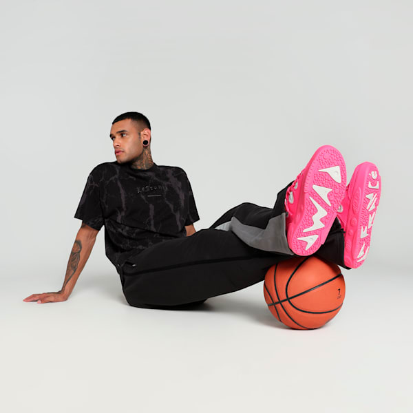 HOOPS x LAFRANCÉ Written in Chrome Marble Relaxed Fit Basketball Tee, PUMA Black-Flat Medium Gray AOP, extralarge-IND