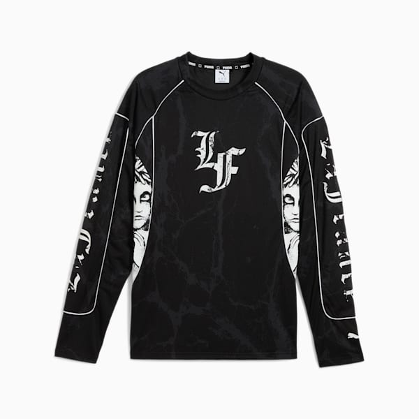Playera PUMA HOOPS x LAFRANCÉ Written in Chrome para hombre, PUMA Black-Flat Medium Gray AOP, extralarge