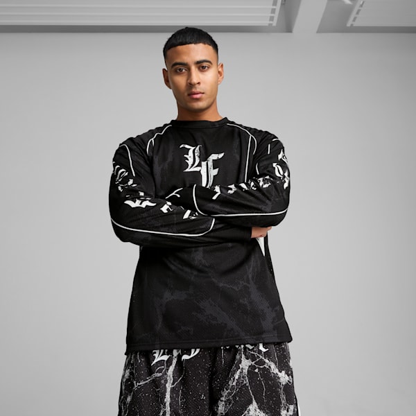Playera PUMA HOOPS x LAFRANCÉ Written in Chrome para hombre, PUMA Black-Flat Medium Gray AOP, extralarge