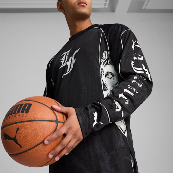 Playera PUMA HOOPS x LAFRANCÉ Written in Chrome para hombre, PUMA Black-Flat Medium Gray AOP, extralarge