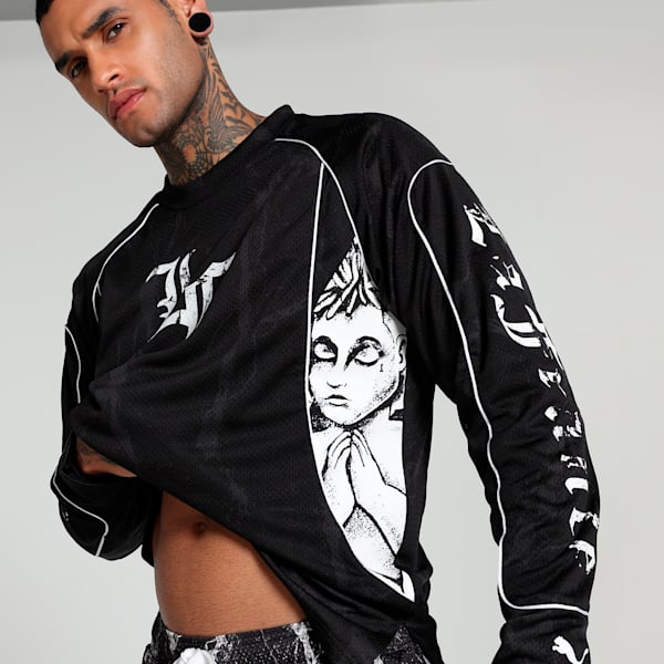 HOOPS x LAFRANCÉ Written in Chrome Men's Relaxed Fit Basketball Jersey, PUMA Black-Flat Medium Gray AOP, extralarge-IND
