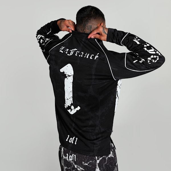 HOOPS x LAFRANCÉ Written in Chrome Men's Relaxed Fit Basketball Jersey, PUMA Black-Flat Medium Gray AOP, extralarge-IND