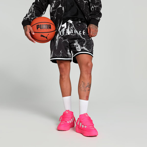 HOOPS x LAFRANCÉ Written in Chrome Men's Relaxed Fit Basketball Shorts, PUMA Black-Puma White - AOP, extralarge-IND