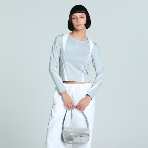 DARE TO Women's Slim Fit Graphic Long Sleeve Tee, Flat Light Gray, extralarge-IND