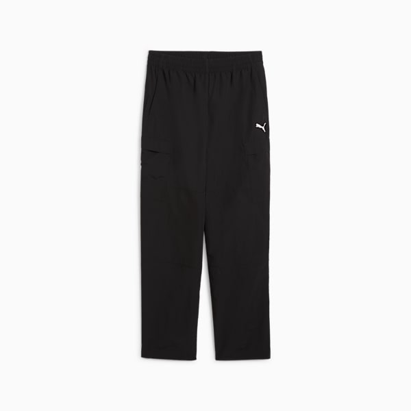 Black PUMA trousers for adults, featuring side pockets and a white logo on the leg.