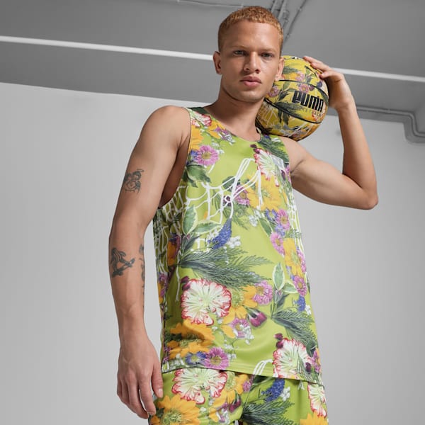 Dunked In Florals Men's Basketball Jersey, Pistachio Green-AOP, extralarge-IND