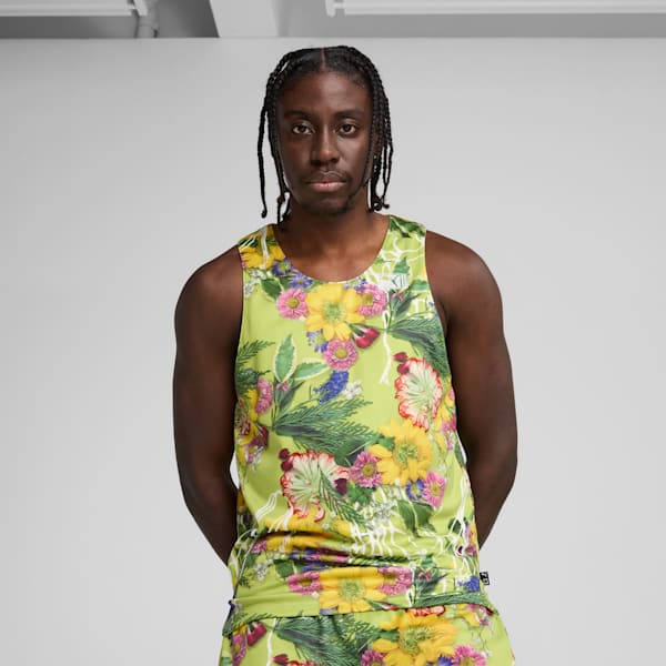 Playera sin mangas Dunked In Florals para hombre, Pistachio Green-AOP, extralarge