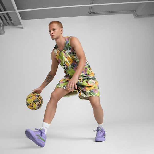 Dunked In Florals Men's Basketball Jersey, Pistachio Green-AOP, extralarge-IND