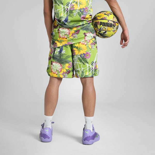 Dunked In Florals All-Over Print Men's Basketball Shorts, Pistachio Green-AOP, extralarge-IND