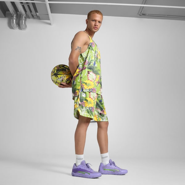 Dunked In Florals All-Over Print Men's Basketball Shorts, Pistachio Green-AOP, extralarge-IND