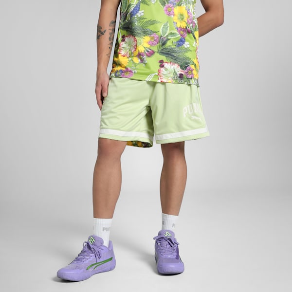 Dunked In Florals All-Over Print Men's Basketball Shorts, Pistachio Green-AOP, extralarge-IND
