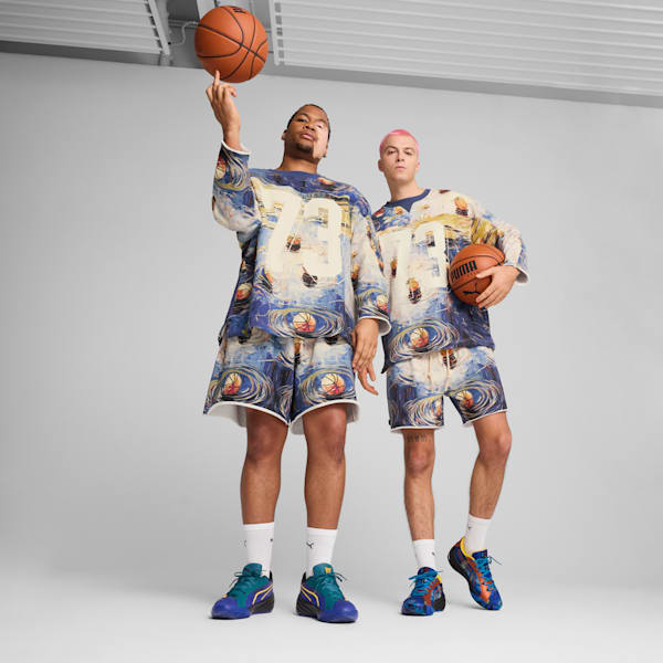 Dylan Exhibit Men's Terry Basketball Shorts, Vivid Blue-AOP, extralarge