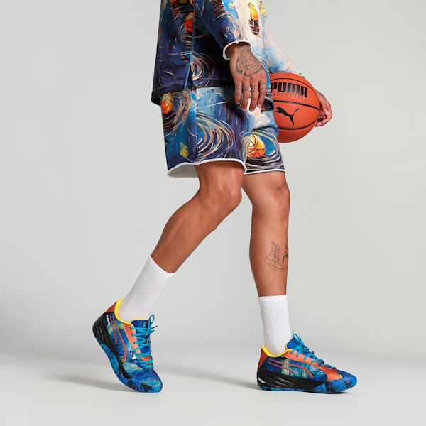 Dylan Exhibit Terry Men's Basketball Shorts, Vivid Blue-AOP, extralarge-IND