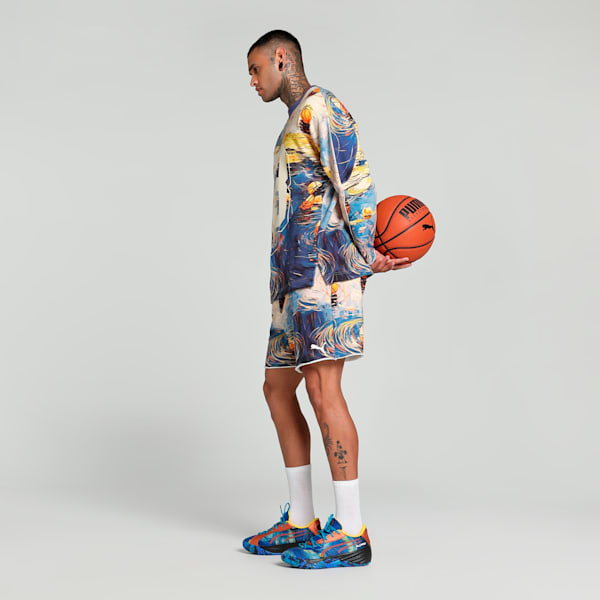 Dylan Exhibit Terry Men's Basketball Shorts, Vivid Blue-AOP, extralarge-IND