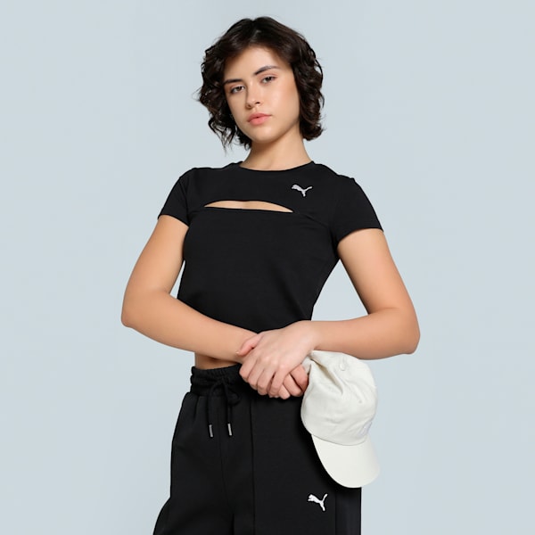 WARDROBE Essentials Women's Slim Fit Cut-Out Crop Tee, PUMA Black, extralarge-IND