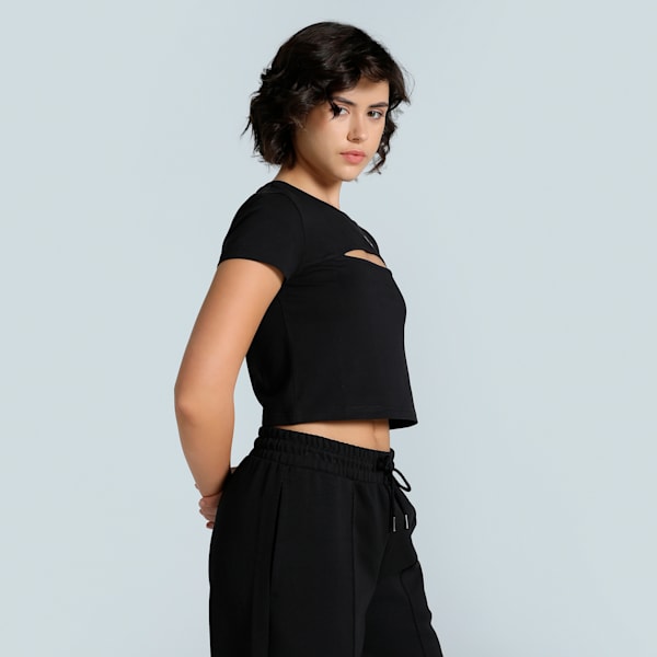 WARDROBE Essentials Women's Slim Fit Cut-Out Crop Tee, PUMA Black, extralarge-IND