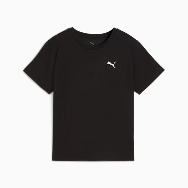 Black PUMA T-shirt for kids, featuring a round neck and a small white logo on the chest.