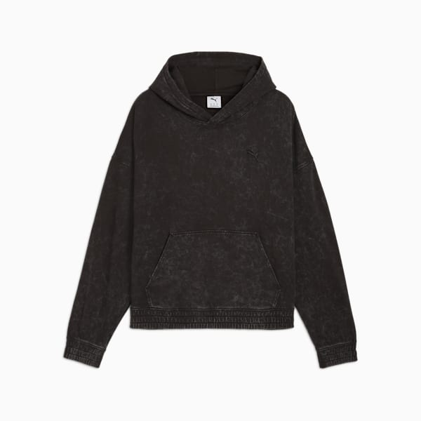 Black PUMA hoodie for women, featuring a front pocket and a washed effect.