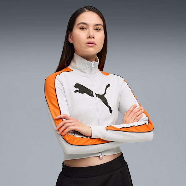 FUTURE.PUMA.ARCHIVE T7 Slim Cropped Track Jacket Women, Silver Mist-Orange Glo, extralarge-GBR