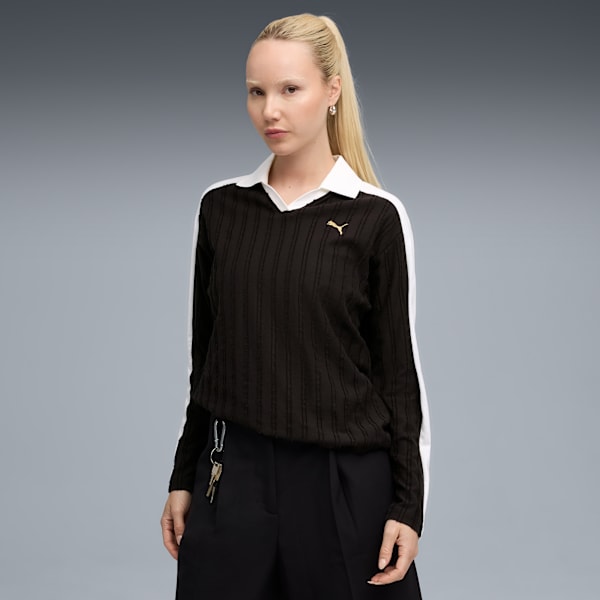 T7 Relaxed Long Sleeve Polo Women, PUMA Black, extralarge-GBR