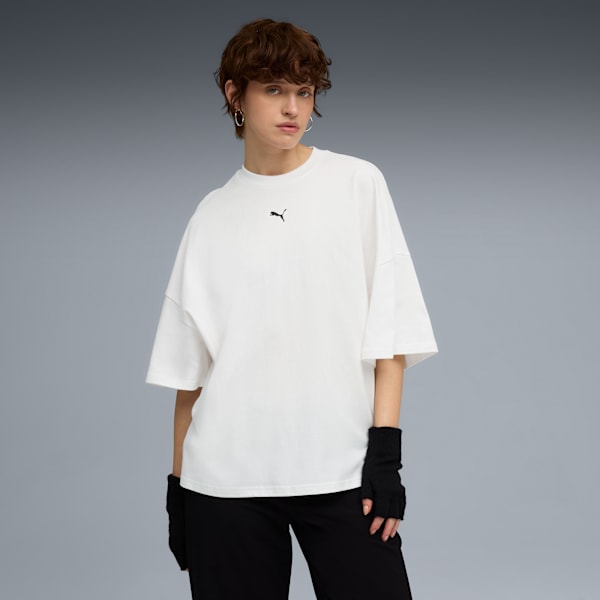 DARE TO Women's Oversized Cotton Ruched Tee, PUMA White, extralarge-IND