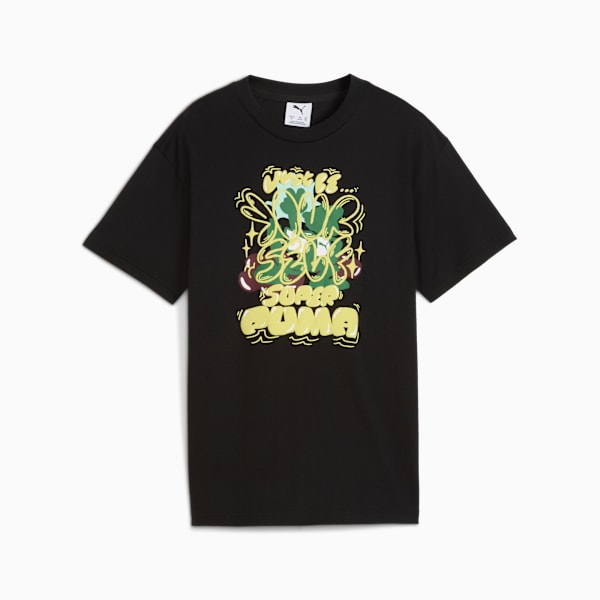 Black PUMA T-shirt for adults with colourful cartoon-style graphic print on the front.