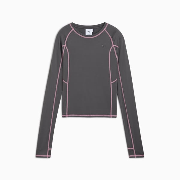 Grey PUMA long-sleeve top for women with pink trim detailing the seams and edges.