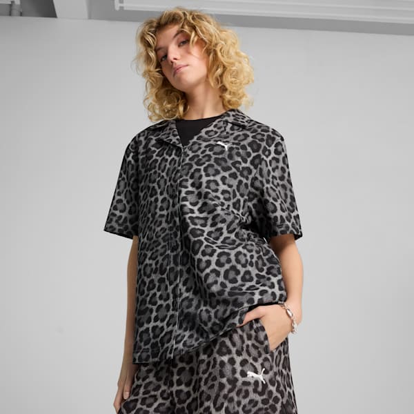 LEO LUXE Women's Relaxed All-Over Print Woven Shirt, PUMA Black, extralarge