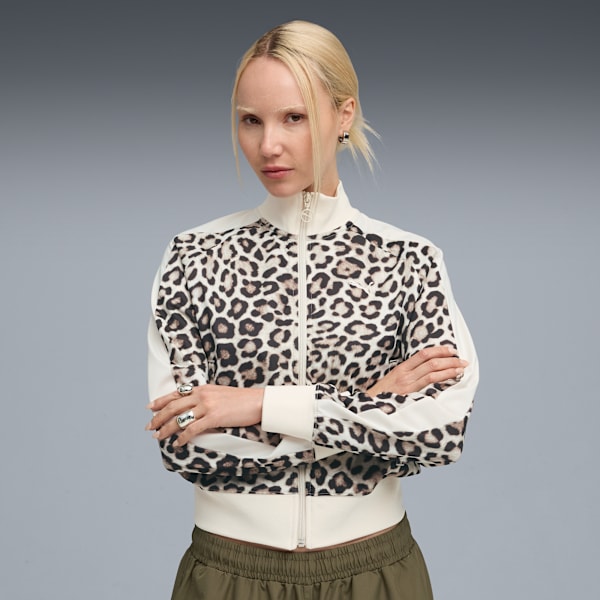 T7 LEO LUXE Women's All-Over Print Short Track Jacket, Alpine Snow-Ice Coffee, extralarge