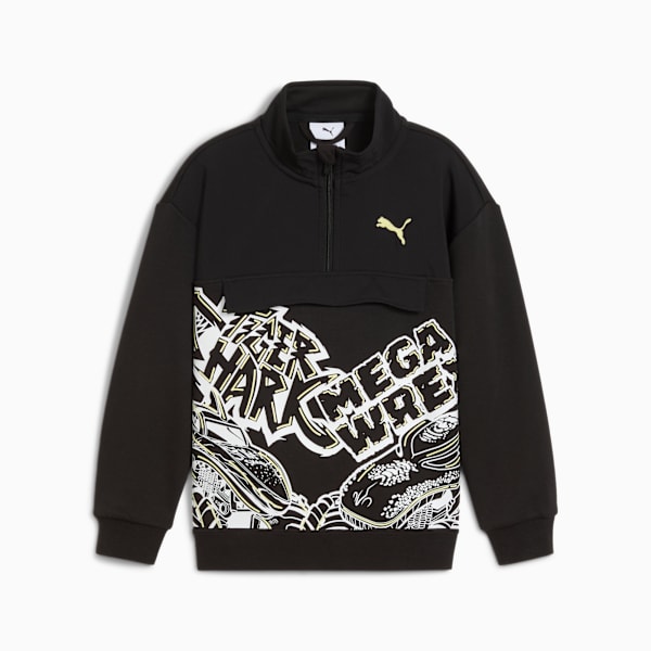 Black PUMA half-zip sweatshirt, youth size, with graphic print and logo.