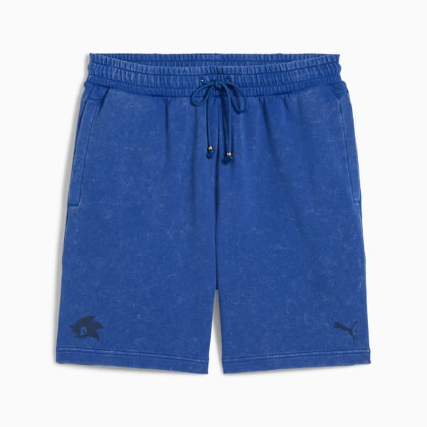Blue PUMA shorts for adults with drawstring, plus Sonic and logo details.