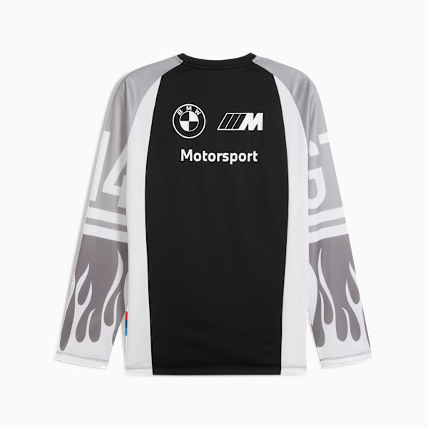 Black PUMA long sleeve top, men's, featuring BMW Motorsport logos and flame graphic sleeves.