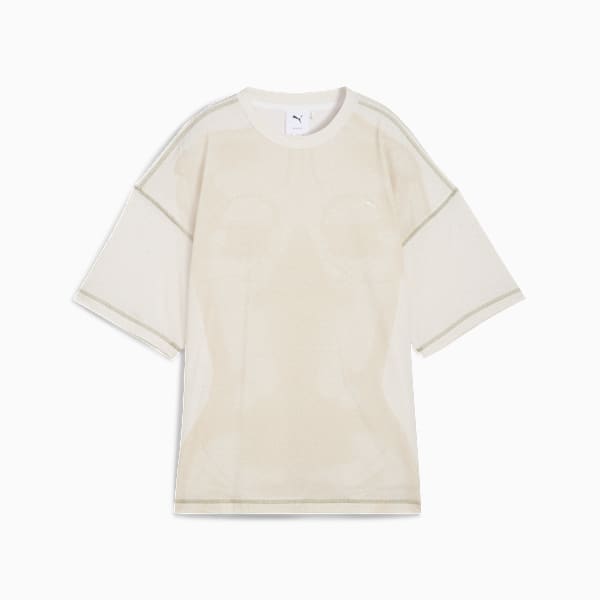 Beige PUMA short-sleeve T-shirt for adults, featuring sheer fabric and visible seam detailing.