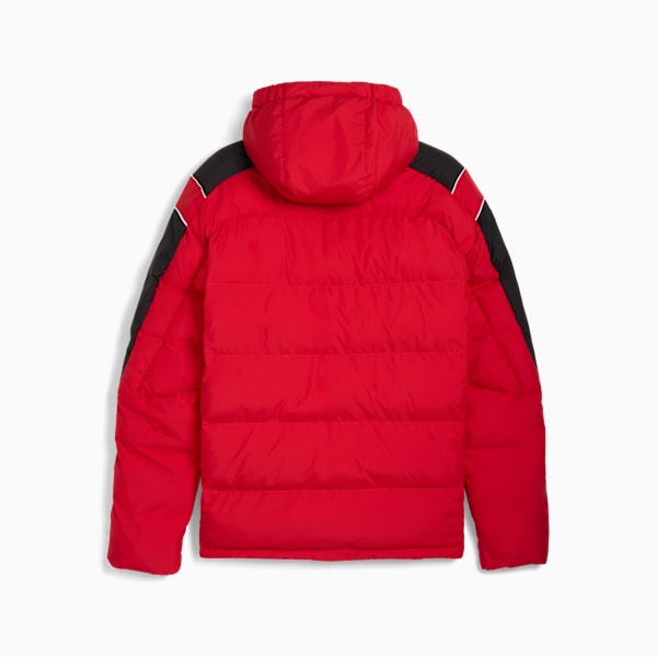 Red PUMA padded jacket for adults with black shoulder panels and a hood, rear view.