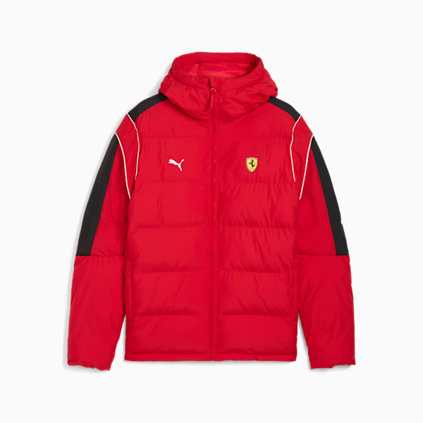 Red PUMA padded jacket for men with black shoulder panels and Ferrari logo.