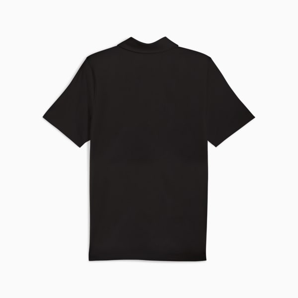 Black PUMA polo shirt for adults, depicted from the back, featuring short sleeves.