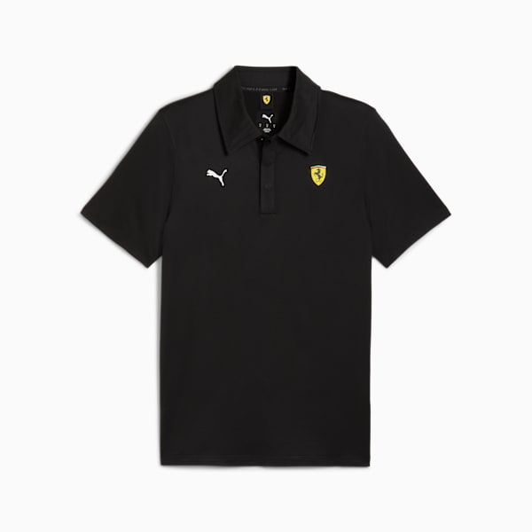 Black PUMA polo shirt for adults with logos and short sleeves.