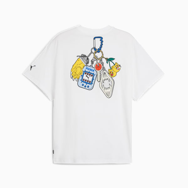 White PUMA t-shirt, unisex, with a colourful keyring graphic on the back.
