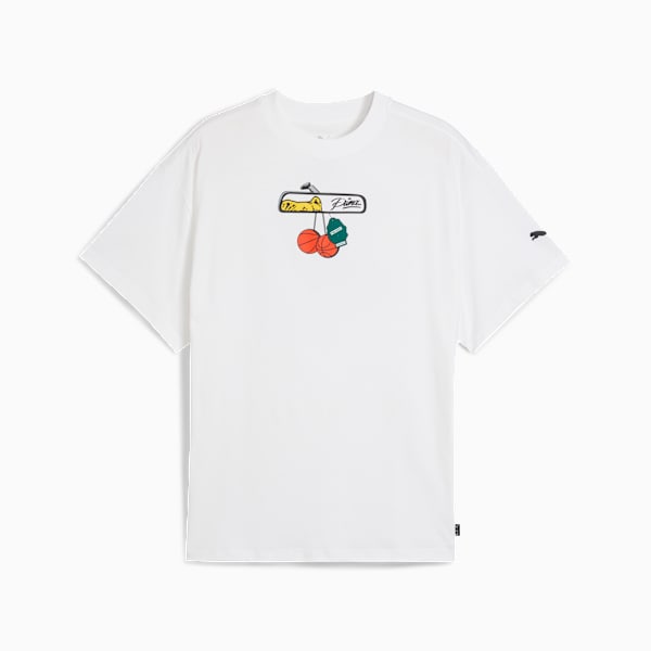 White PUMA T-shirt for adults with a graphic print of a car mirror and basketballs.