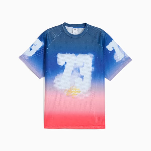 Camiseta de básquet Hooptopia Sunset Hoops para hombre, Persian Blue-AOP, extralarge