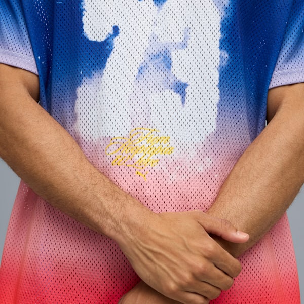 Camiseta de básquet Hooptopia Sunset Hoops para hombre, Persian Blue-AOP, extralarge