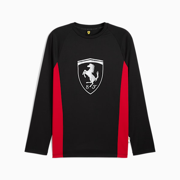 Black PUMA long sleeve top for adults with red side panels and Ferrari logo.