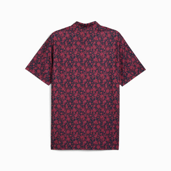 Floral PUMA men's shirt, short-sleeved with a subtle collar, patterned with red flowers.