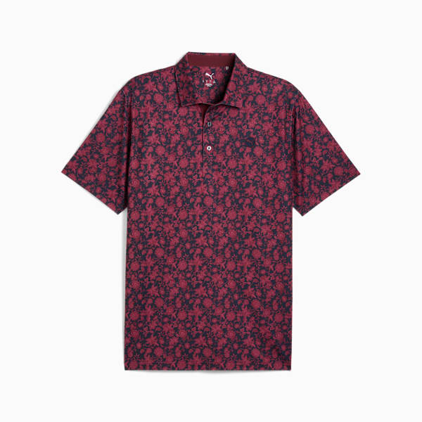 Burgundy PUMA men's polo shirt with a floral pattern and short sleeves.