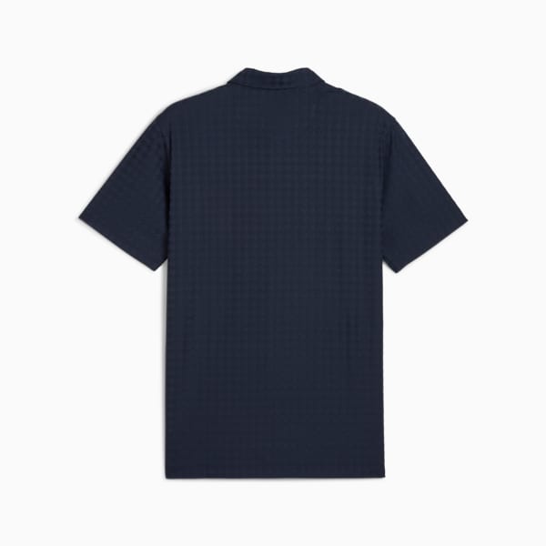 Navy PUMA men's shirt with a subtle textured pattern, short sleeves and buttoned collar.