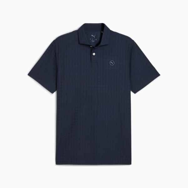 Navy PUMA polo shirt for adults, featuring short sleeves and a subtle textured pattern.